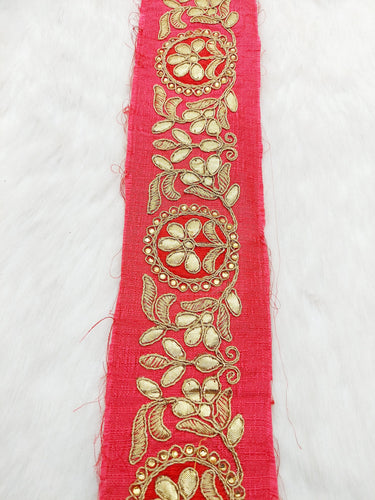 Red Art Silk Fabric Trim With Gold Zari Gota Patti Embroidery, Floral Embroider Trimming, Trim By The Yard